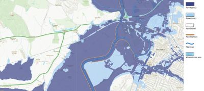 Map of flood risk areas around Gloucester