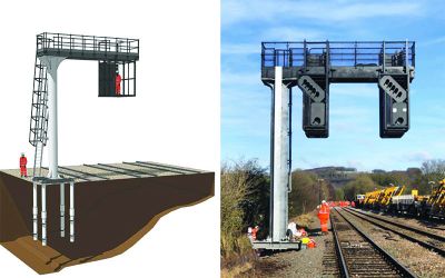 Rail signal gantries mounted on screw pile foundations